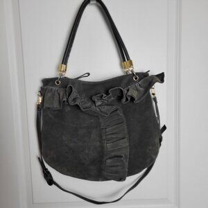 Felix Rey New York Grey Suede Leather Ruffle Gypsy Hobo Handbag Purse